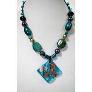 Handcrafted Turquoise & Metallic Glass Pendant Necklace  Adjustable Chain & Lobs